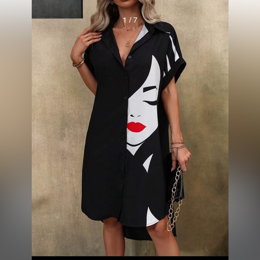 NWT: Black Graphic Batwing Sleeve Shirt Dress